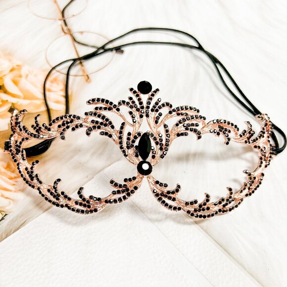 Black Crystal Masquerade Mask, Rose Gold Party Mask, Prom Mask, Renaissance Mask - Picture 3 of 7